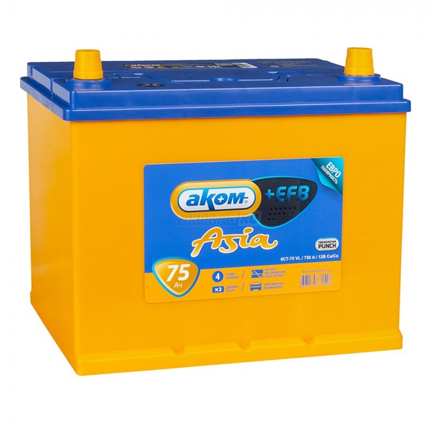 Аккумулятор автомобильный АКОМ ASIA EFB 75R 750 А обр. пол. 75 Ач (4607034731526)