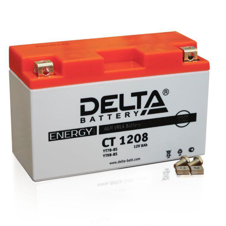Батарея аккумуляторная DELTA battery CT1208 мото AGM 8А/ч 110А 12V Прямая полярн. болтовые мото клеммы